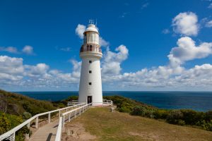 Cape Otway Lighthouse is a big white lighthouse overlooking the ocean at Cape Otway.
