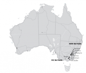 Australian Map showing NSW and VIC Ski Fields. To show you where you could work a ski season in Australia.
