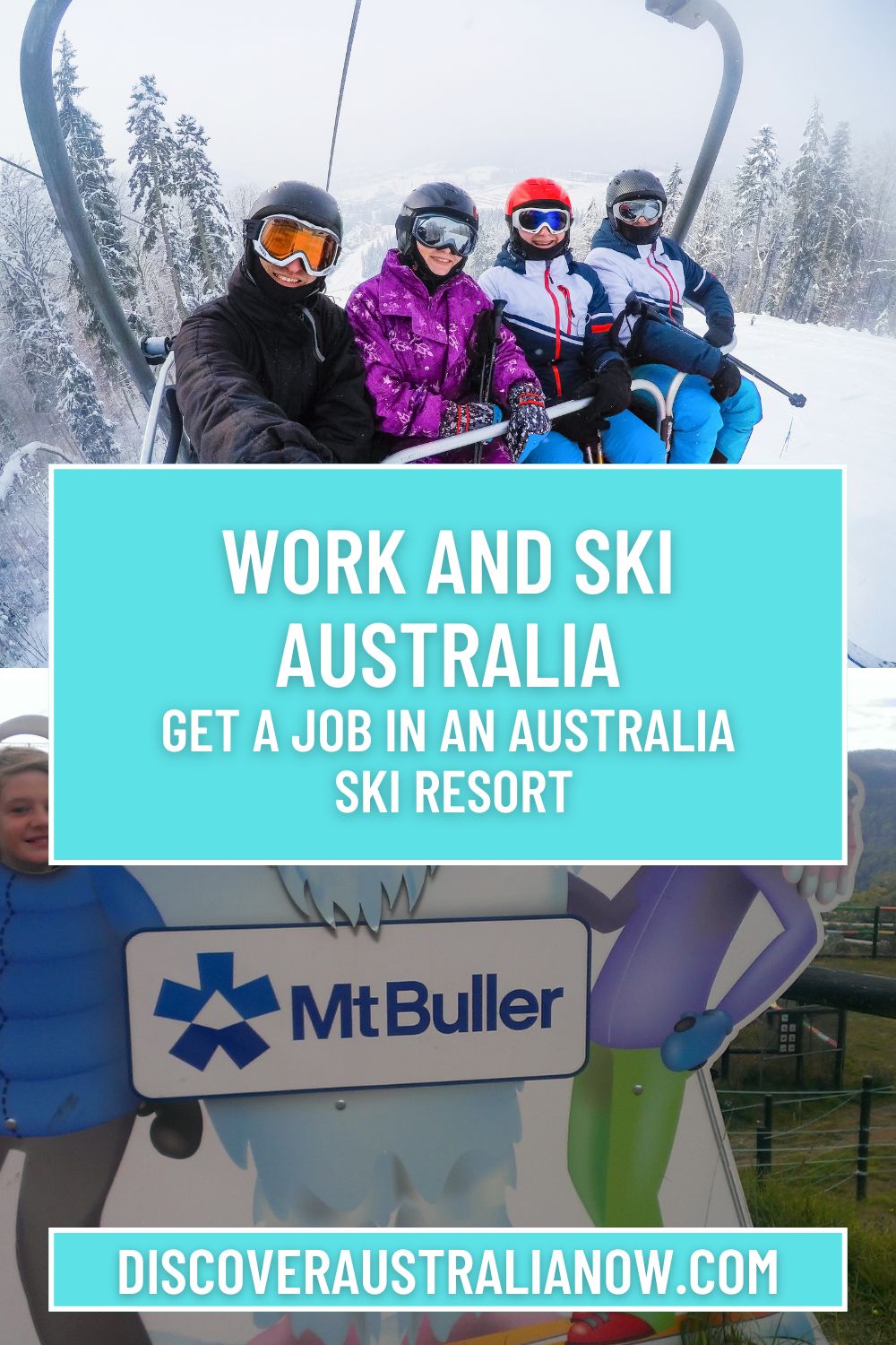 People in snow gear on a chair lift in the snow working and skiing Australia