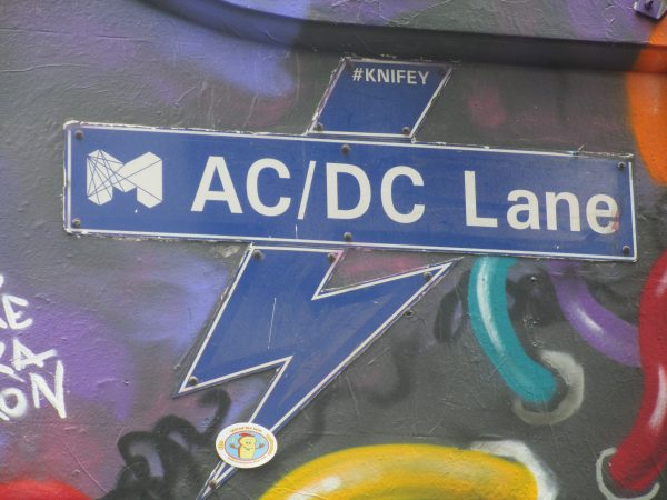 AC/DC Lane sign in Melbourne where you find street art. Blue sign with AC/DC Lane written in white.