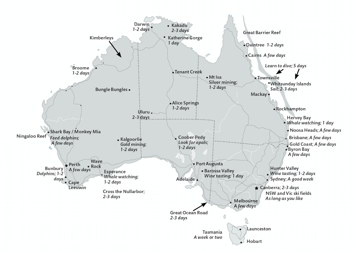 Australian Map Showing Popular Places to visit when travelling Australia.