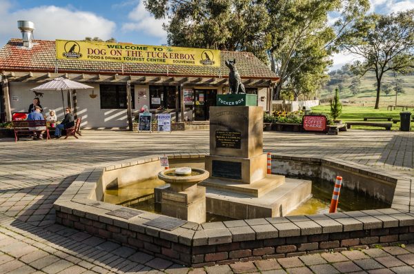 Dog sitting on Tuckerbox at Gundagai on the Hume Highway Melbourne to Sydney.