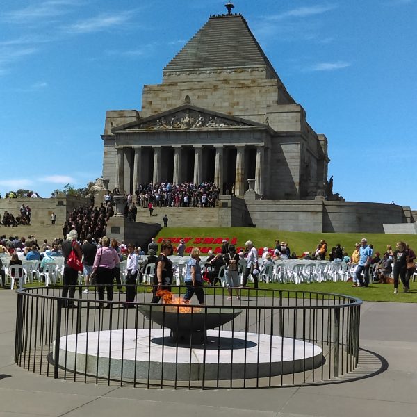The Flame in front of the Shrine of Remembrance, Melbourne just after a war remembrance ceremony.