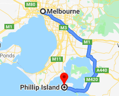 Map showing location and route from Melbourne to Phillip Island.