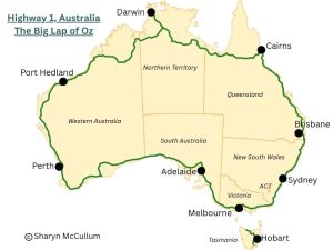 Big Lap of Australia map showing Highway 1 which traverses Australia.