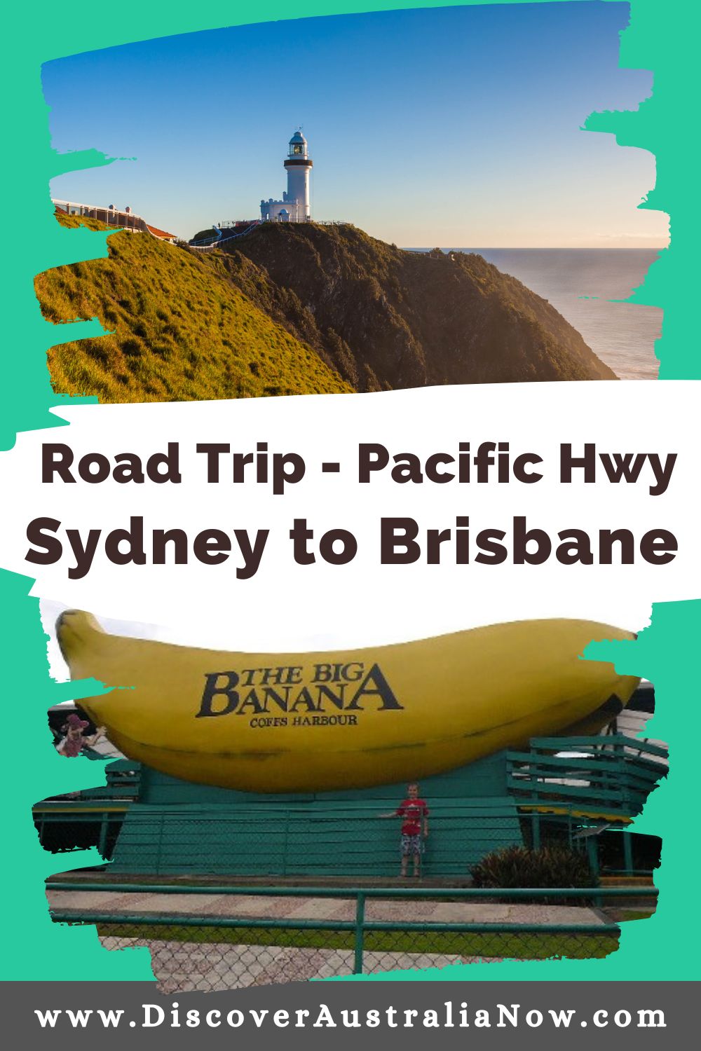 The Big Banana at Coffs Harbour and the Byron Bay Lighthouse are highlights to see on a Pacific Highway Road from Sydney to Brisbane.