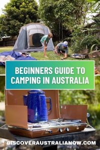 Father and son putting together a tent for camping in Australia.