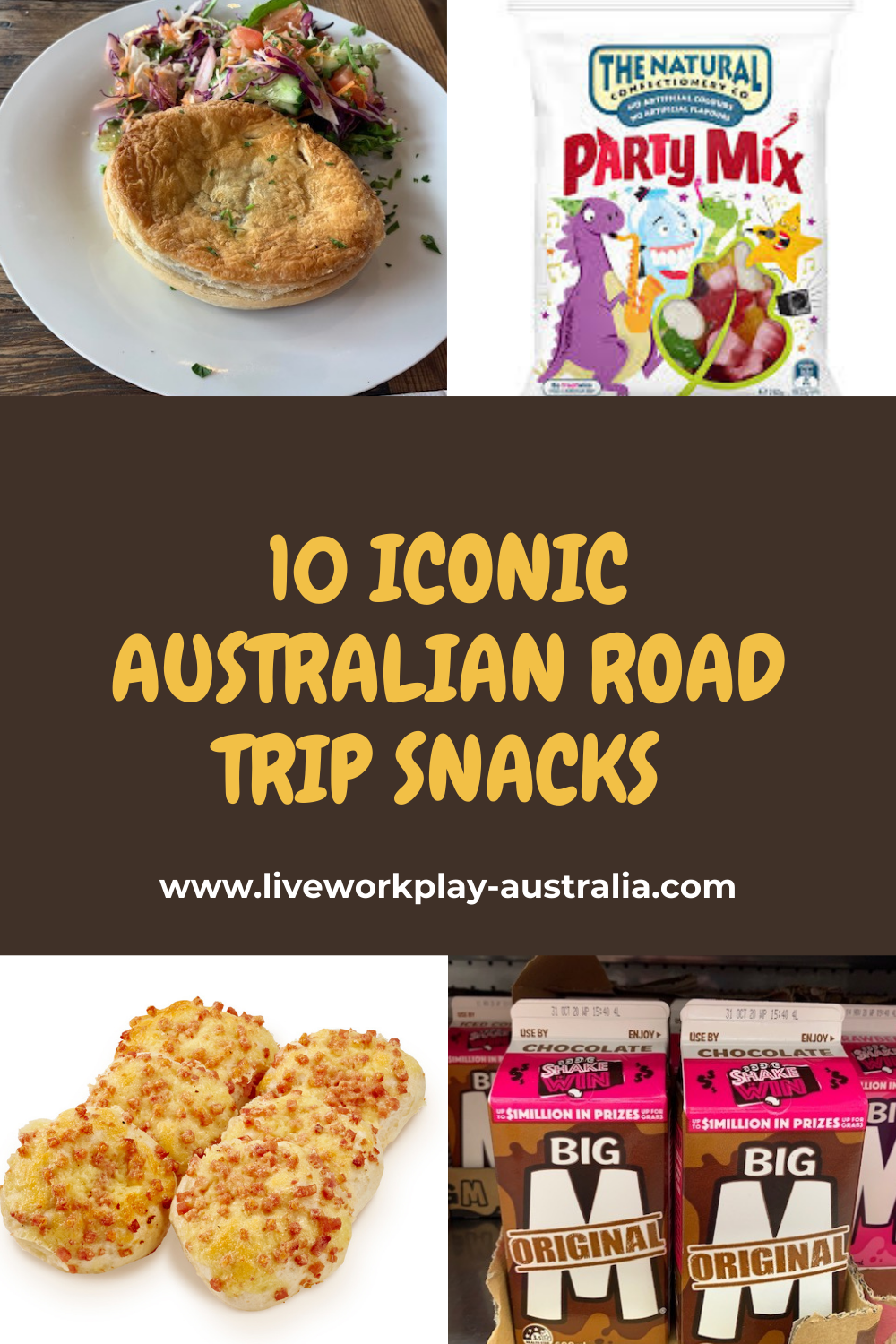 Pinterest Pin. Iconic Australian Road Trip Food. Cheese and Bacon Rolls. Chocolate Milk. Pie. Party Mix.