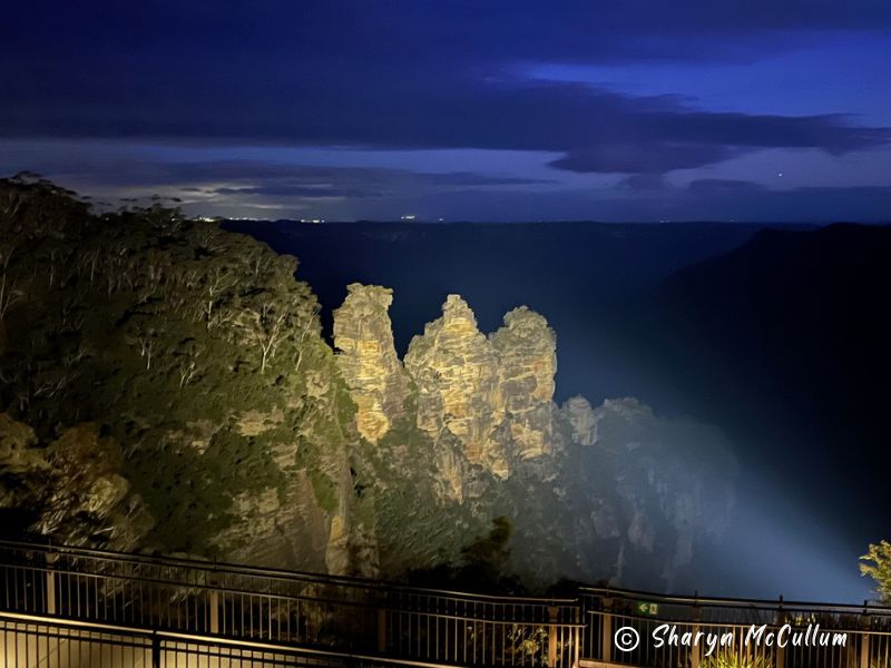 ThreeSistersNightC Three Sisters in Blue Mountains at Night - you can see the lights of Sydney in the distance.