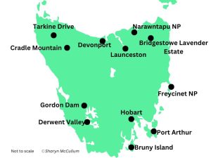 Map of Tasmania with best places to visit marked with dots.