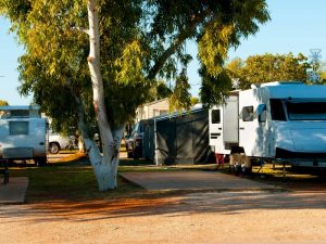 Caravans parked up at a caravan park in Australia.