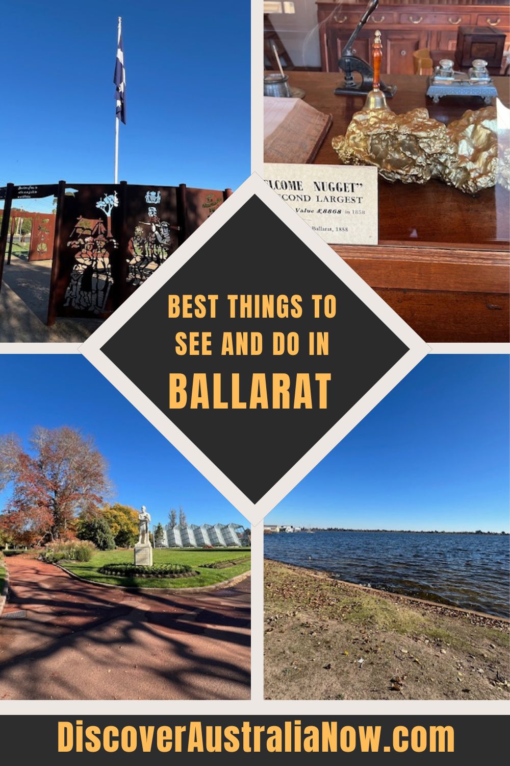 Ballarat Pin of Welcome Stranger Nugget, Lake Wendouree, Eureka Centre and Botanical Gardens.