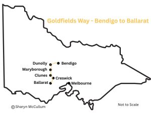 Goldfields Way road trip map showing best towns to visit in the gold fields.