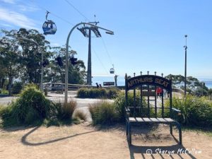 Arthurs Seat from the top with a metal seat and gondolas of Eagle cable car.