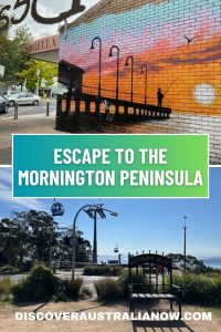 Escape to the Mornington Peninsula PIN showing Arthurs Seat summit and a mural in Hastings of a fisherman fishing from Hastings Pier.