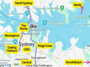 Sydney accommodation map showing map of Sydney and best suburbs to stay for first timers to Sydney.