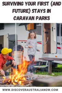 A family of a man and his daughter enjoying camping in their caravan in a caravan park PIN.