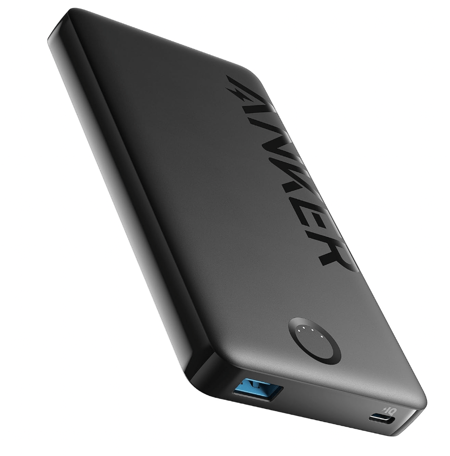 PowerbankAnker black powerbank to power phone and laptop while camping.