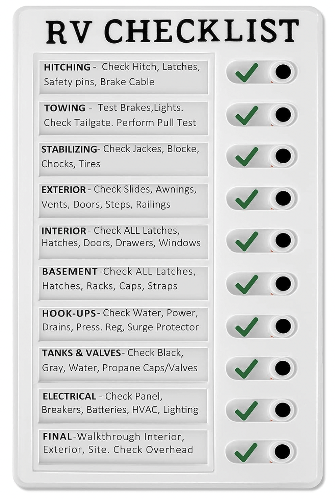 RV checklist showing the checks you need to do before driving.