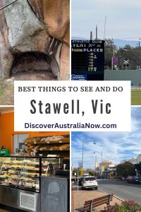 Stawell PIN. Main Street Stawell, Waack's Bakery, Bunji Cave and Stawell Gift scoreboard