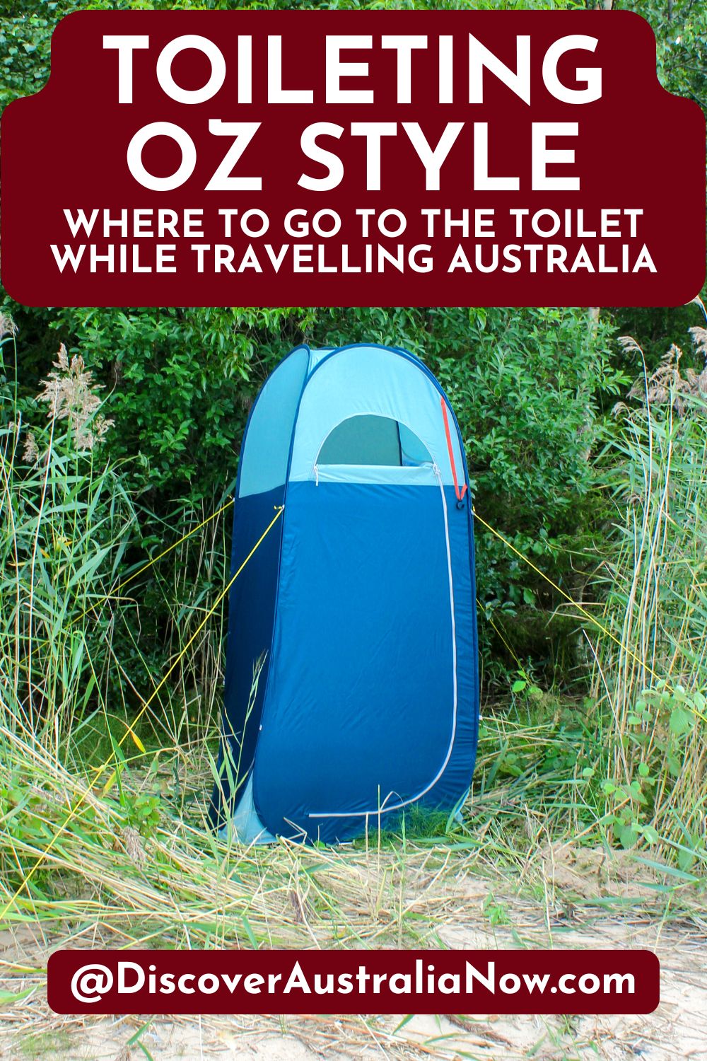 Blue pop up toilet tent or shower tent in a bushy area.