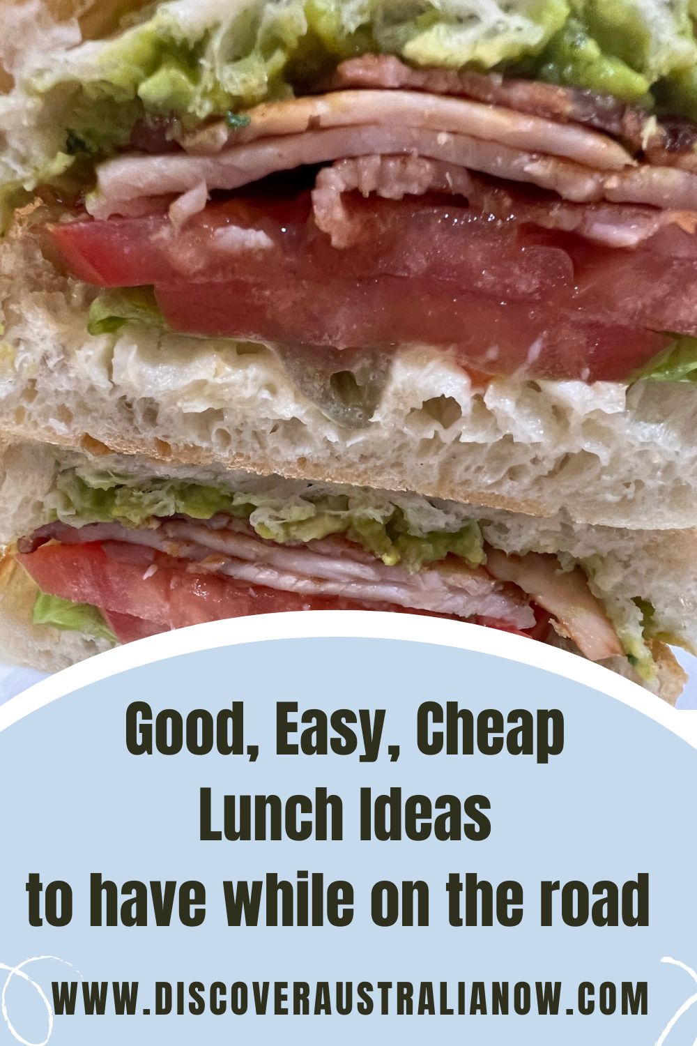 good, easy, cheap lunch ideas include an avocado, bacon and tomato sandwich PIN