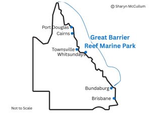 Map of Queensland showing where Great Barrier Reef lies.