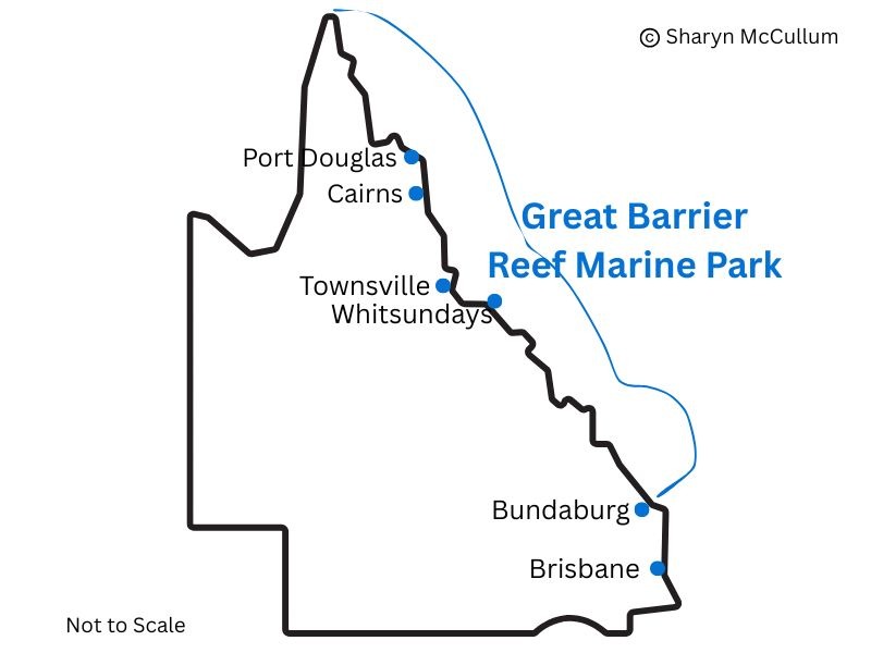Map of Queensland showing where Great Barrier Reef lies.