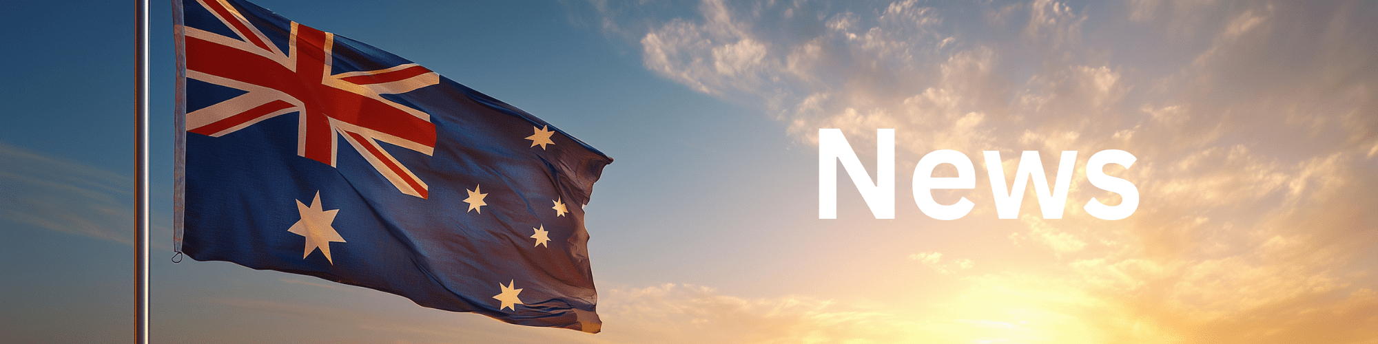 Australia Flag in front of a sunset for News.