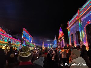 Main Street Sovereign Hill with heritage buildings all lit up with colourful lights