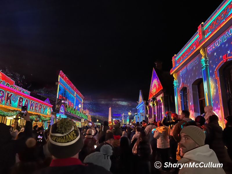 Main Street Sovereign Hill with heritage buildings all lit up with colourful lights